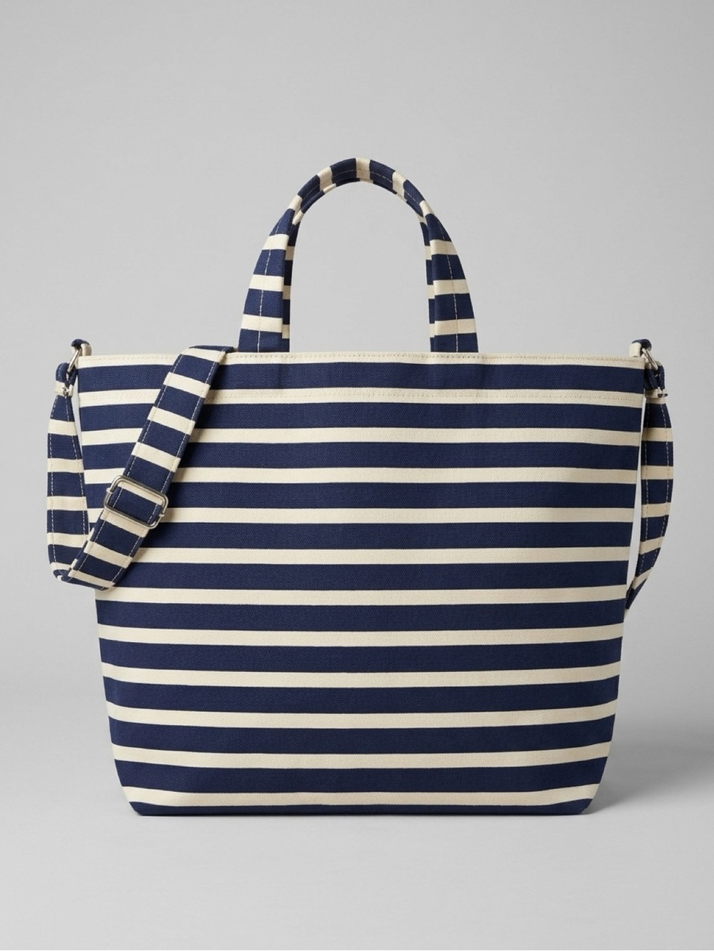 BAGGU Navy and Cream Sailor Striped Canvas Tote with Adjustable Strap